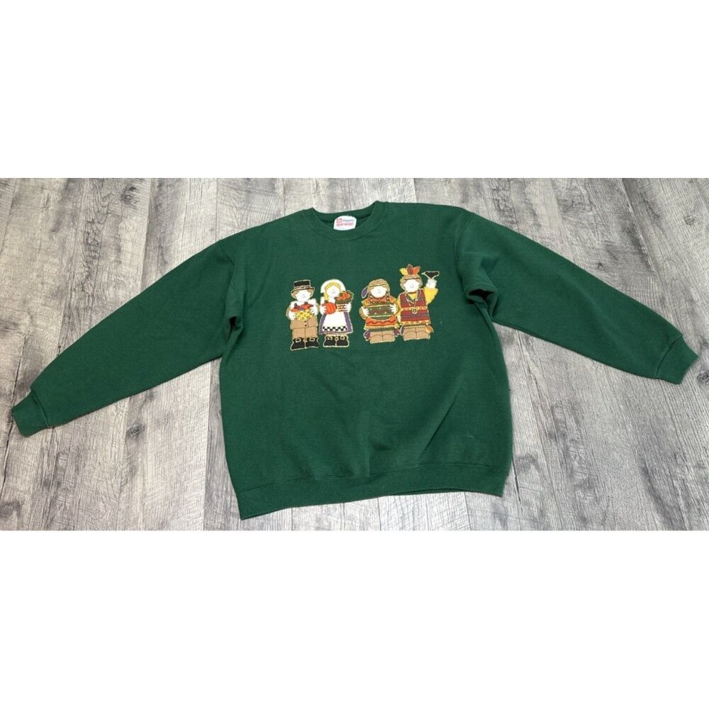 Vintage Hanes Halloween Pilgrim Sweatshirt Womens Large Fall Pumpkins Folk Art - Picture 10 of 10